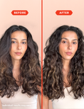 Before and after comparison of a woman with long, wavy, dark brown hair, showing the volume and curl definition of the hair. The image features a split screen with 'BEFORE' on the left and 'AFTER' on the right, set against a solid peach background.