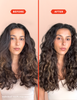 Before and after comparison of a woman with long, wavy, dark brown hair, showing the volume and curl definition of the hair. The image features a split screen with 'BEFORE' on the left and 'AFTER' on the right, set against a solid peach background.