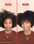 Before and after comparison of a woman with natural black curly hair, wearing a brown shirt and a silver necklace, against a light peach background with red 'BEFORE' and 'AFTER' labels.