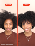 Before and after comparison of a woman with natural black curly hair, wearing a brown shirt and a silver necklace, against a light peach background with red 'BEFORE' and 'AFTER' labels.