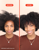 Before and after comparison of a woman with natural black curly hair, wearing a brown shirt and a silver necklace, against a light peach background with red 'BEFORE' and 'AFTER' labels.