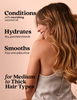 Graphic showcases the conditioners properties - hydrating, conditioning, smoothing. For medium to thick hair types. 