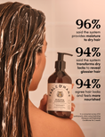 A woman with long, wet, highlighted hair holds a bottle of Fable & Mane Hydrating Conditioner against a warm beige background with large text callouts about hair moisture and gloss.