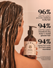 A woman with long, wet, highlighted hair holds a bottle of Fable & Mane Hydrating Conditioner against a warm beige background with large text callouts about hair moisture and gloss.