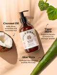 A graphic showing the ingredients in the Hydrating Shampoo by Fable and Mane. Ingredients include coconut oil, tiger herb and aloe vera. 