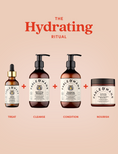 Graphic showing a Fable & Mane hair care routine. Treat with HoliRoots Hair Oil, Cleanse with Hydrating Shampoo, Condition with Hydrating Conditioner, and Nourish with the Hydrating Hair Mask. 