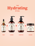 The hydrating ritual routine featuring Fable and Mane's HoliRoots Hair Oil to treat, Hydrating Shampoo to cleanse, Hydrating Conditioner to condition and the Hydrating Hair Mask to Nourish. 