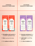 Comparison chart of the Fable and Mane Hydrating Shampoo and Conditioner vs. the Volumizing Shampoo and Conditioner. 