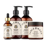 A Fable & Mane hair care set featuring a 2 oz amber glass dropper bottle of Hair Oil, a 6 oz bottle of Hydrating Shampoo, a 6 oz bottle of Hydrating Conditioner, and a 4 oz jar of Hydrating Hair Mask, arranged on a solid white background.